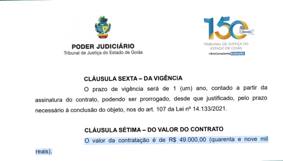 Trecho do contrato do Tribunal de Justiça de Goiás: o valor da contratação é de R$ 49.000,00