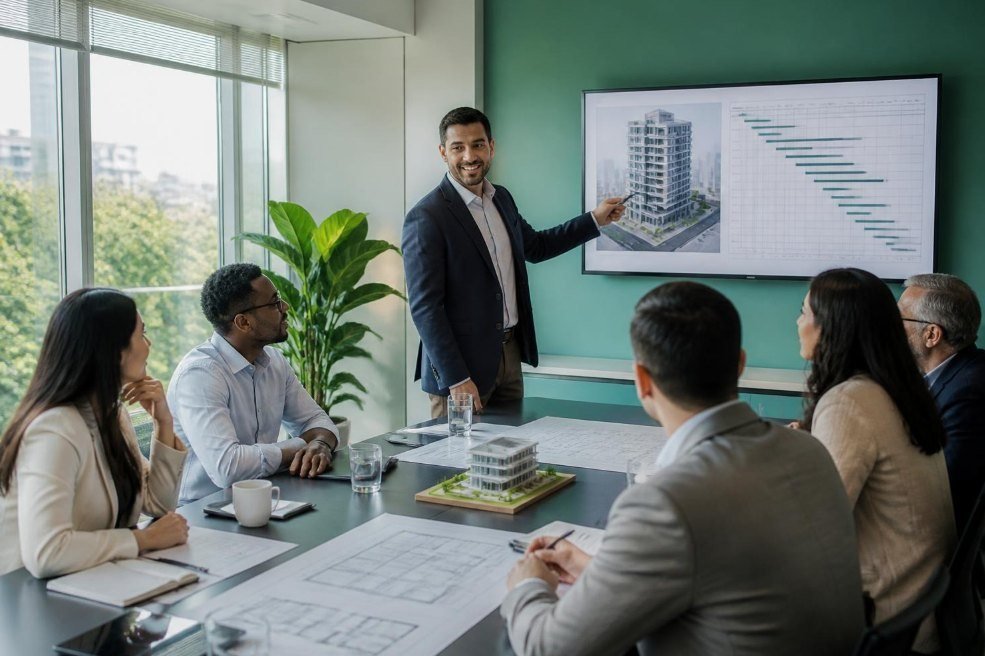 Profissional conduzindo reunião com equipe e clientes